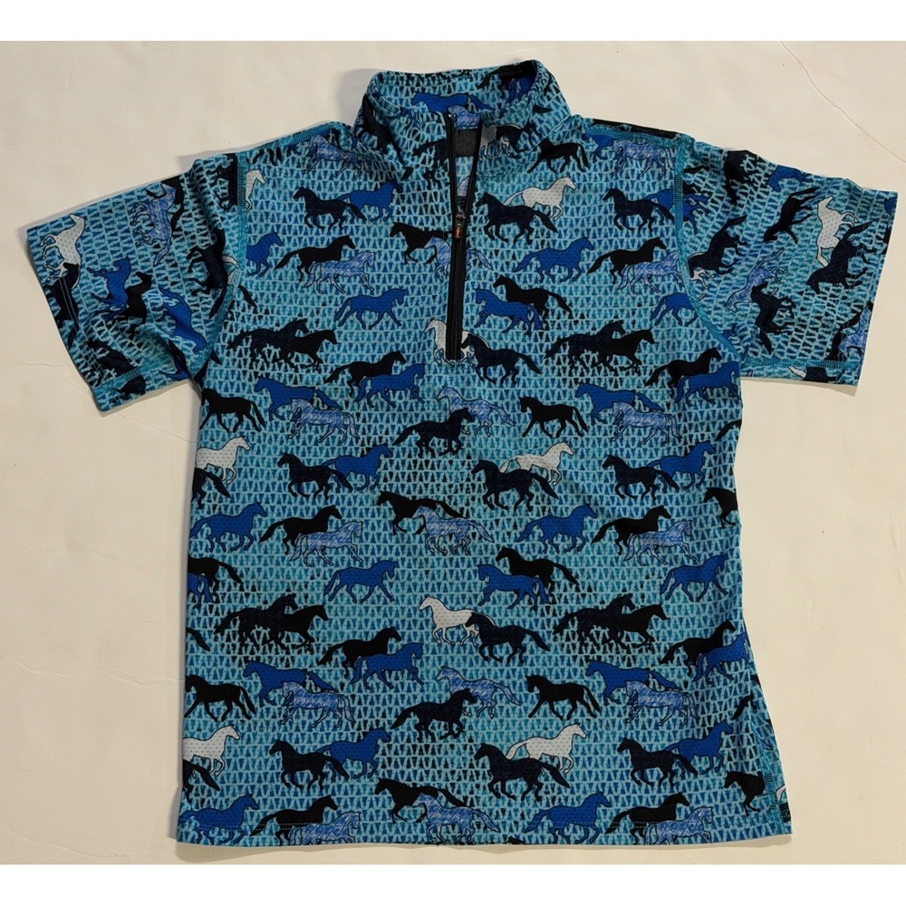 Kerrits Kids Blue Horse Print Quarter Zip Short Sleeve Equestrian Riding Top